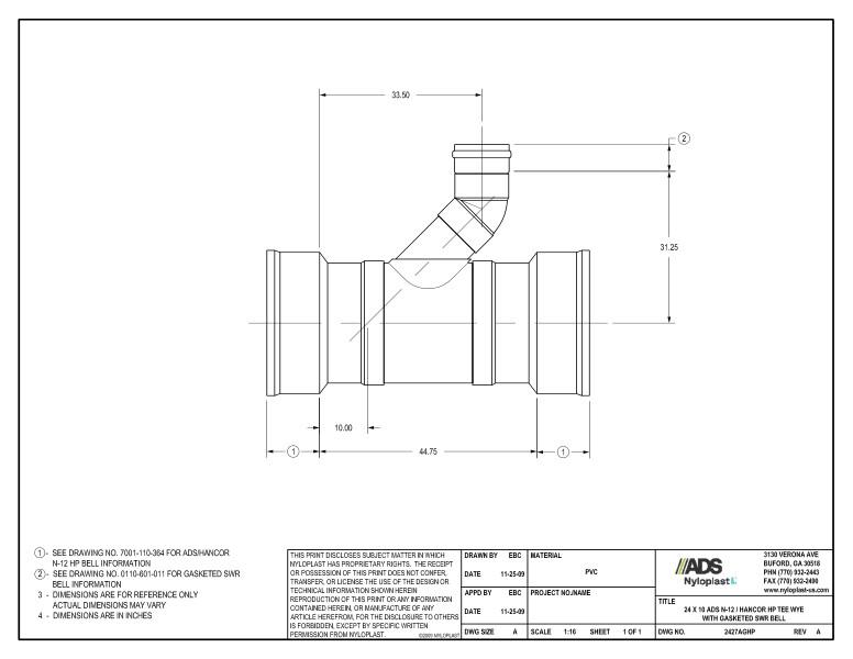 24 x 10 HP Tee Wye with Gasketed SWR Bell Nyloplast Detail