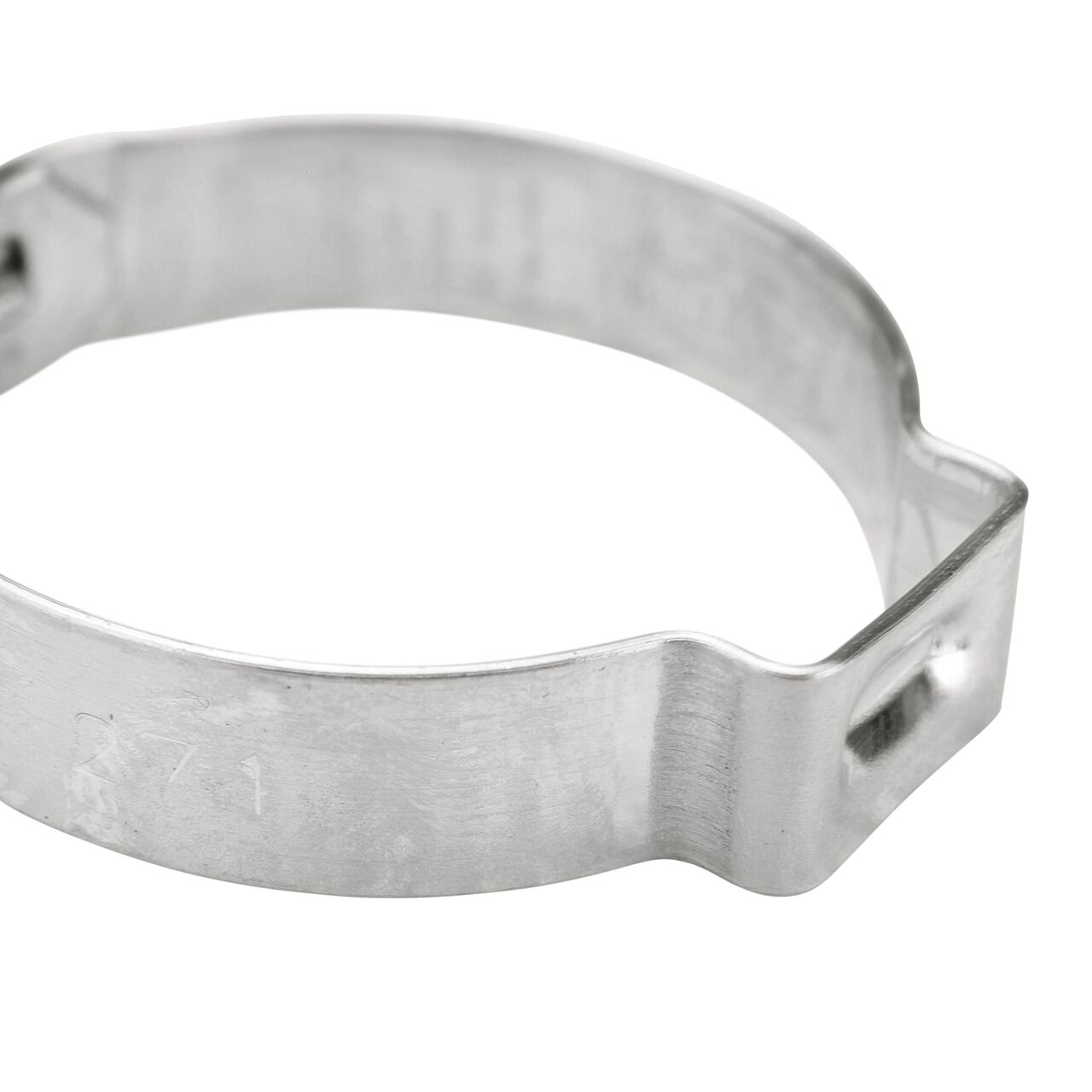Closeup side view of the NDS 271R Stainless Steel Pinch Clamp (NDS NC-155000-016) that works with most soft hose and rigid plastic pipe to transport water and prevent leaks in pressurized systems