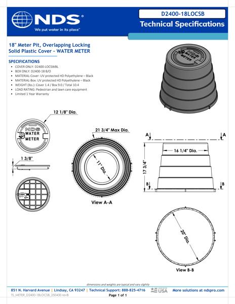 NDS 16 in. Round D2400 Meter Box and Locking Cover, 18 in. Height, Black Box, Black Water Meter Cover Tech Spec