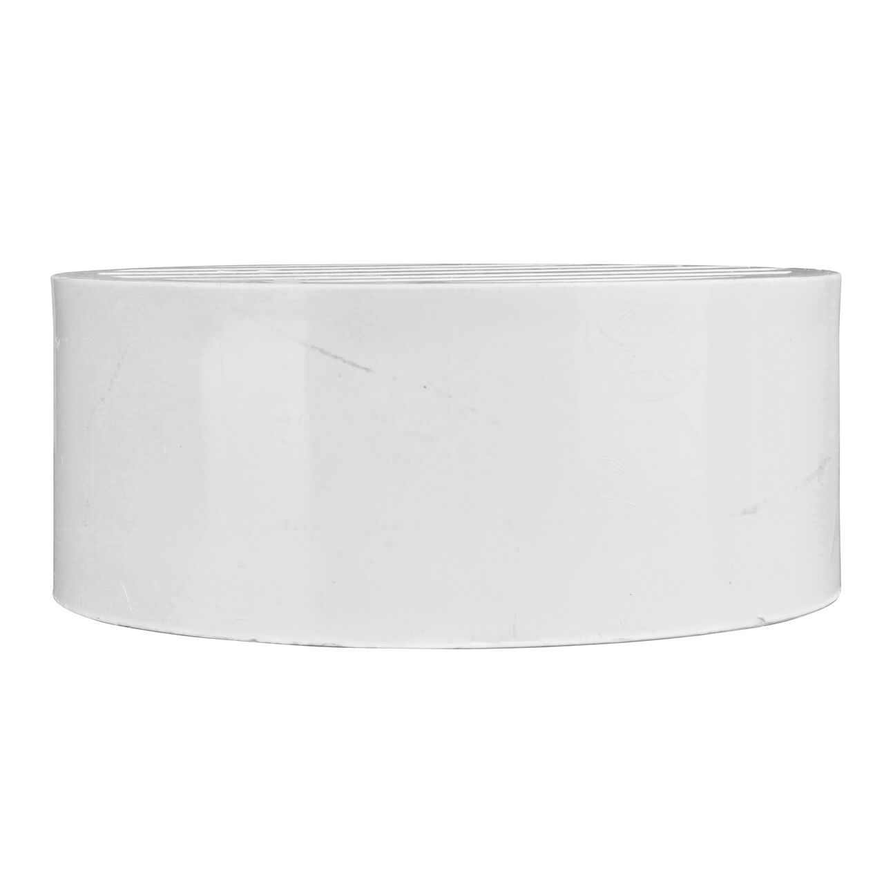 Vertical side view of the NDS white 4 in. round grate (NDS 9P11) which fits 4 in. sewer and drain fittings and is perfect for pool and spa applications