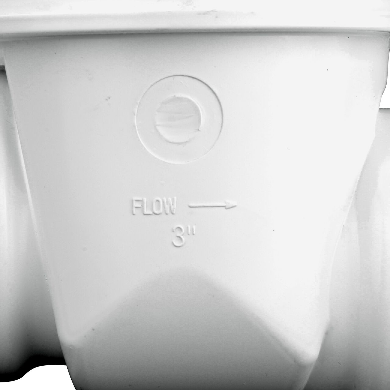 Closeup of the outside part of the NDS White PVC 3 in. Backwater Valve with stamped arrow showing the direction in which the water will flow (NDS 375P)