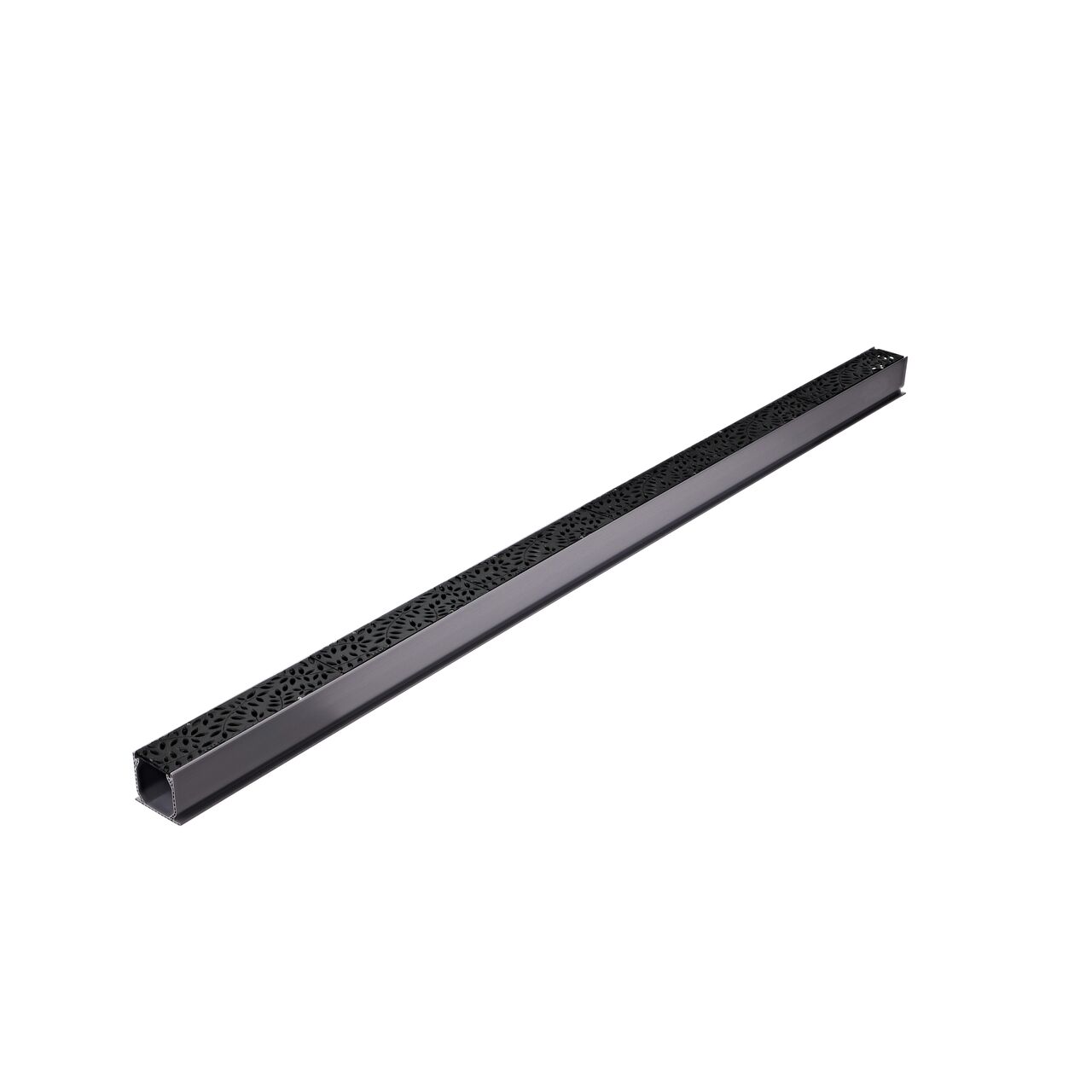 Two Cast Iron Botanical Design Mini Channel™ Drain Grates (NDS 554CI) as they fit on one Mini Channel™ Drain (NDS 500)