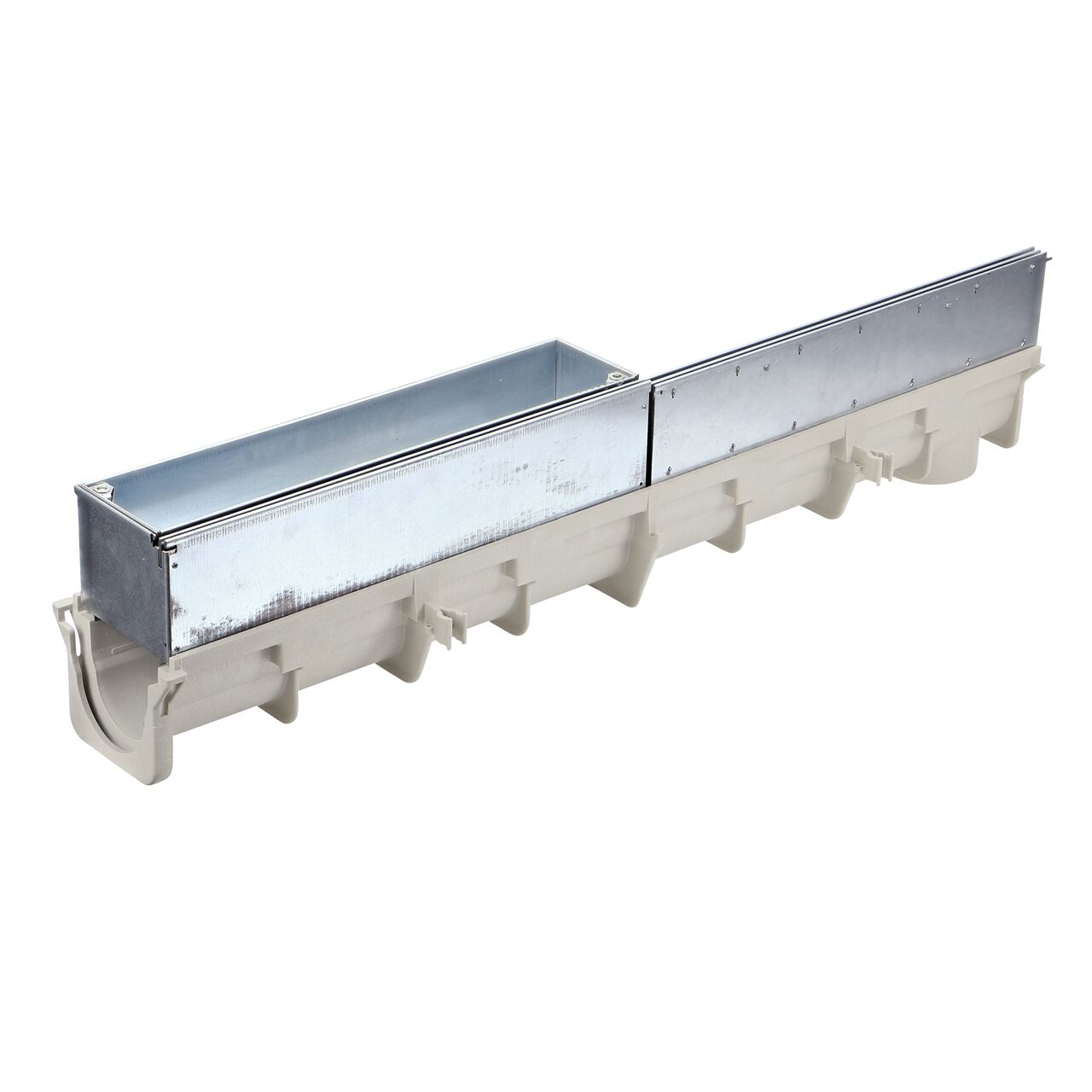 The NDS Galvanized Steel Dura Slope Channel Drain Slot Top Maintenance Unit (DS-STMAINT) installed on a Dura Slope Channel Drain (NDS DS-091) with a NDS Dura Slope stainless steel slot top channel drain grate (NDS DS-ST2) all showing the slot drain closest to the camera