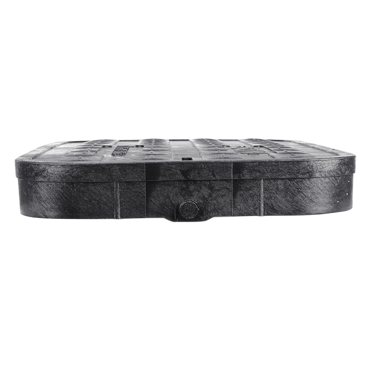 The NDS 14 in. X 19 in. Rectangular Standard Series Black Water Meter AMR Bottom Mount Box Cover (NDS D12-BAMRLWHS) is an Drop-in lid shown here from the side, that prevents dirt and debris from entering the meter box