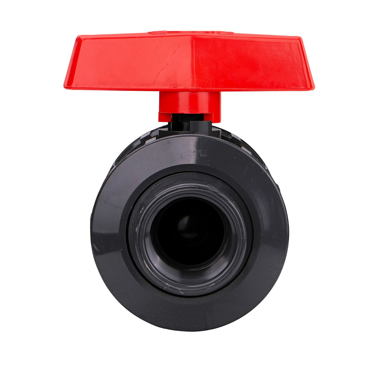 The 1-1/4 in. PVC Slip & Threaded True Union Ball Valve (NDS BTU-1250-E) shown with the connection end attached with the handle in the closed position to show how ball valve provides a shut off point in the system