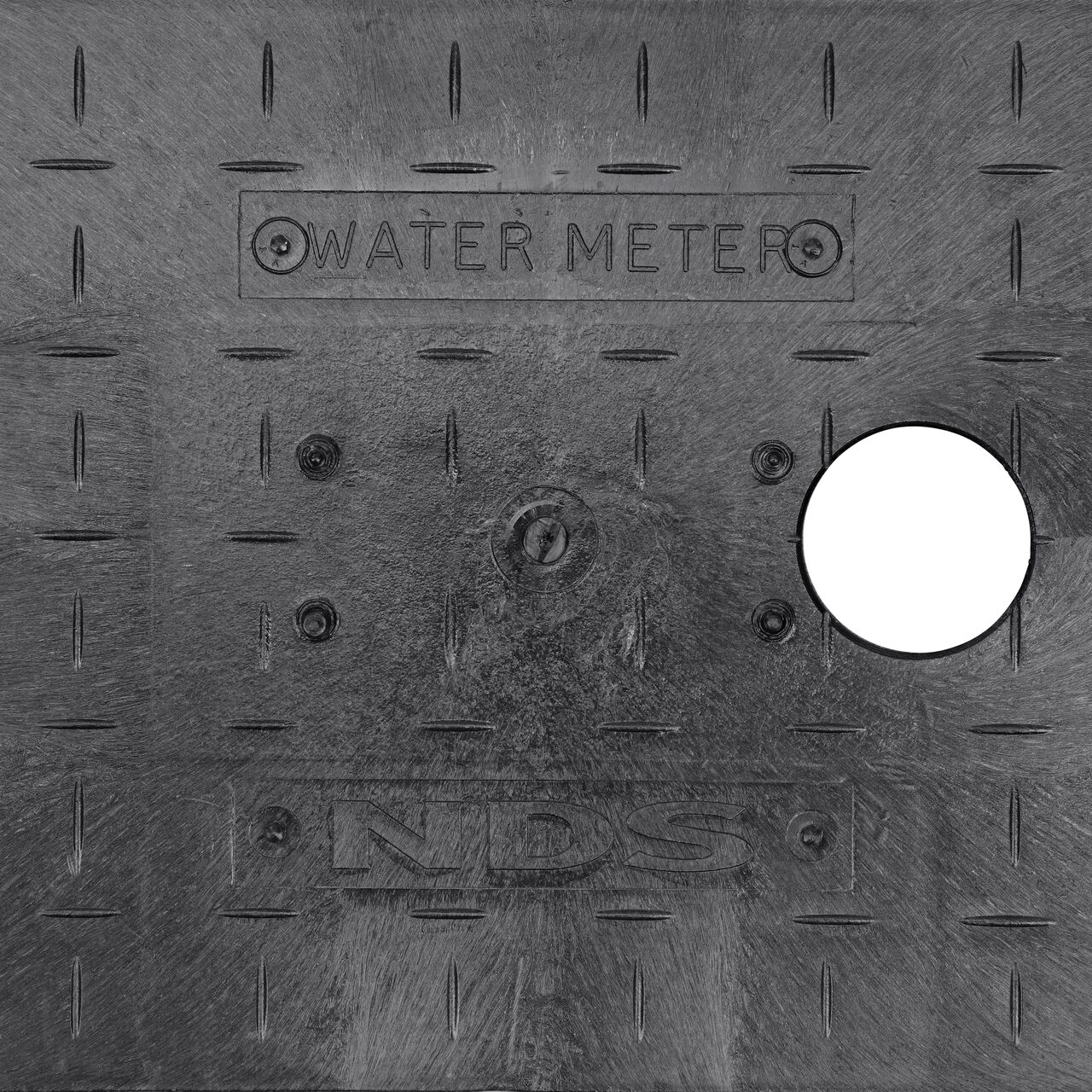 Closeup view of the Water Meter markings and 2 in. touch reader hole on the Black Water Meter Drop-in AMR cover for the NDS 14 in. X 19 in. Rectangular Standard Series Meter Cover (NDS D1200-DITRL)