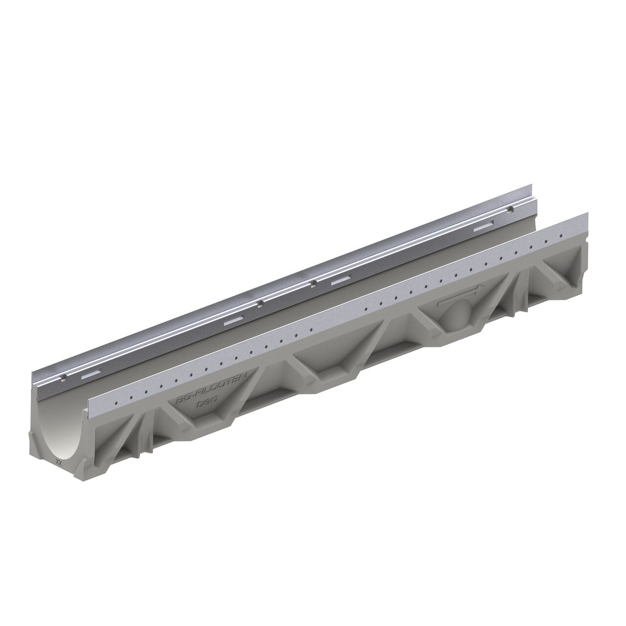 BG-FILCOTEN® by NDS® tec V/E 100 Trench Channel Drain with steel rails (NDS 10410200) is made of high-performance concrete (HPC) which is lighter than most conventional concrete channels for lower transport costs, easier handling, and faster installation shown here with the male interlocking end in front