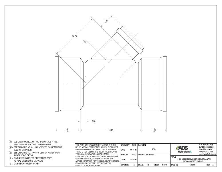 12 x 8 N-12 Dual Wall Wye with Gasketed SWR Bell Nyloplast Detail