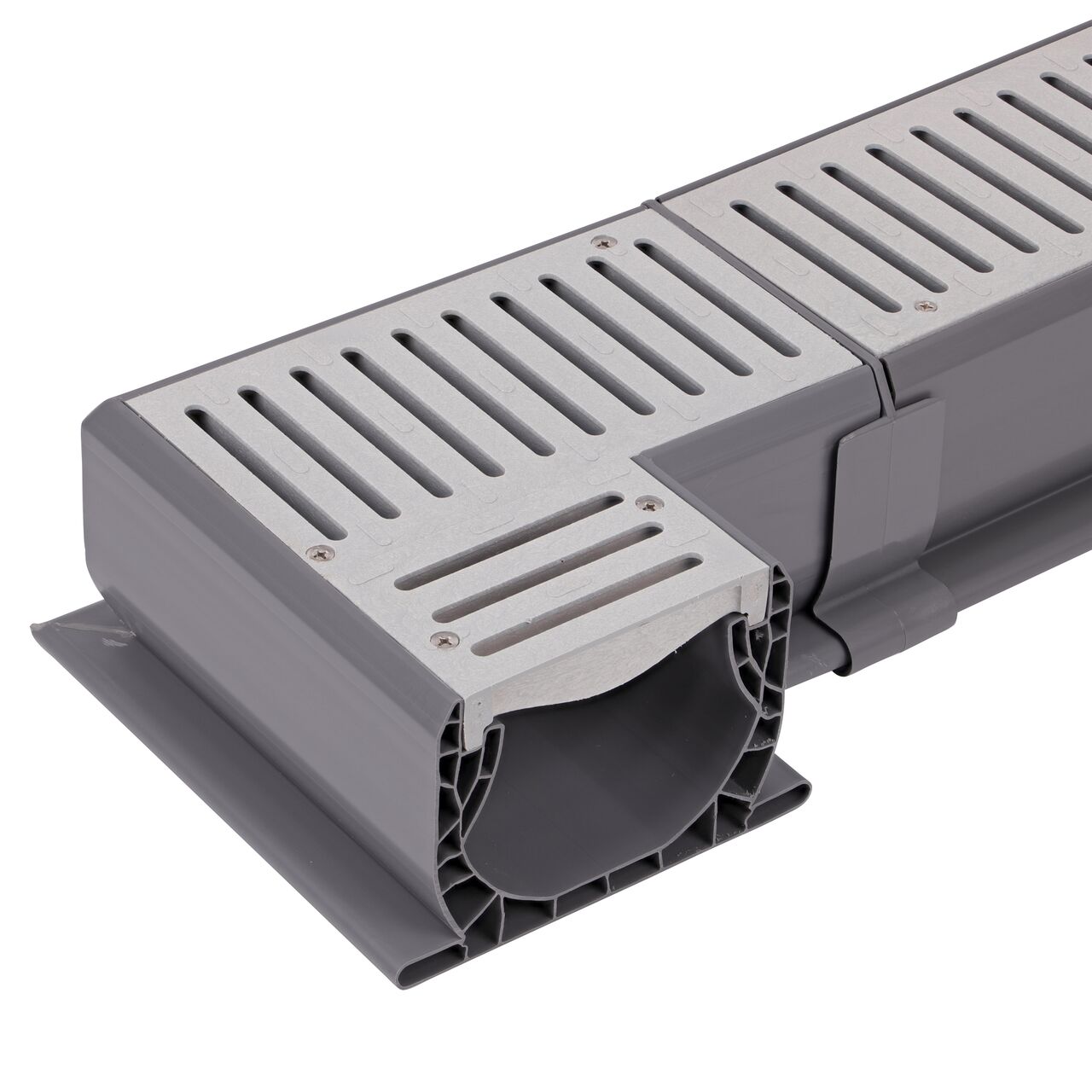 Connect the main channel length on the Spee-D® Channel Drain 90° Elbow and Grate (NDS 2381) to the longer Spee-D® Channel Drain (NDS 400, NDS 400-10, NDS 400-10WH) with the Spee-D® Channel Drain Coupling (NDS 248)