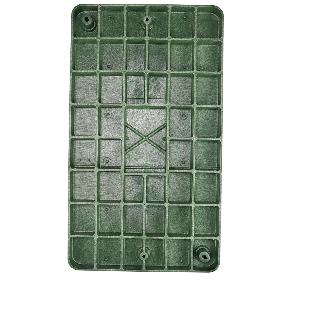 Top down view of the underside side of the drop-in Green Irrigation Control Valve cover (NDS 326BCDB) for the NDS 17 in. X 30 in. Rectangular Pro-Spec® Series valve box , showing reinforcing ribs that are load rated to withstand pedestrian traffic and the rigors of lawn care equipment