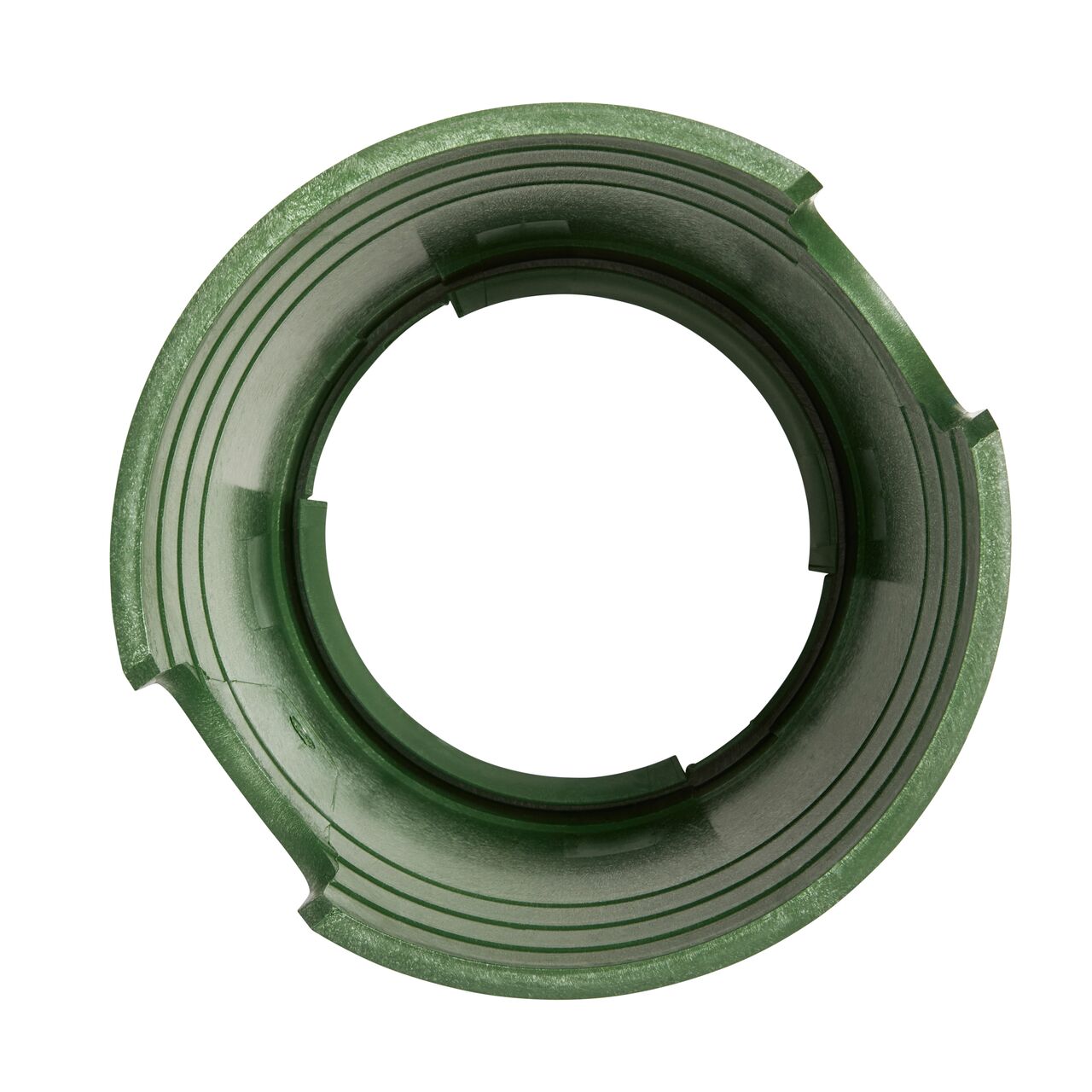 Top down view of the underside on the durable Green plastic 6 in. Round Standard Series Valve Box (NDS 2108B) showing the tapered design that adds strength and security within the surrounding soil