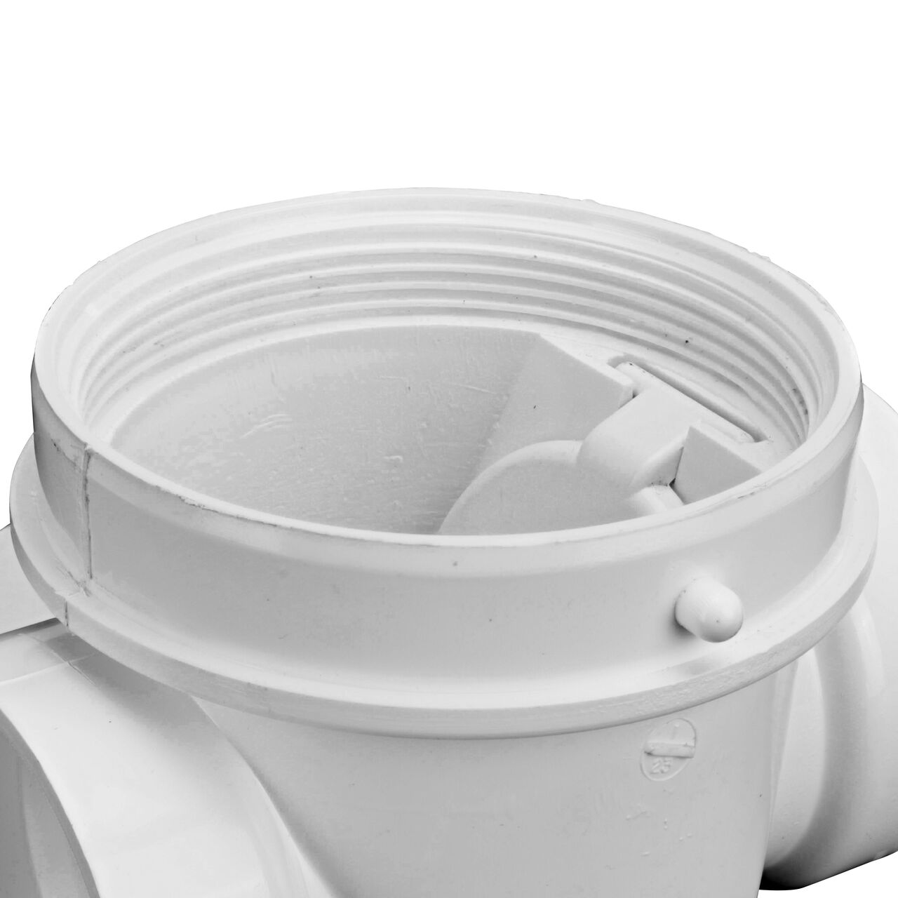 Closeup of the open top on the NDS White PVC 2 in. Backwater Valve (NDS 275P) that seals with the detachable threaded access cap