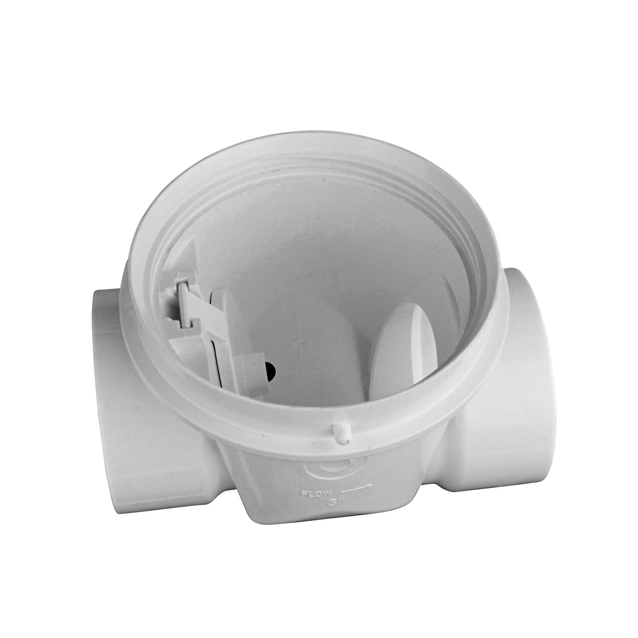 The flapper closed inside of the NDS White 3 in. PVC Backwater Valve (NDS 375P) controls the flow of water