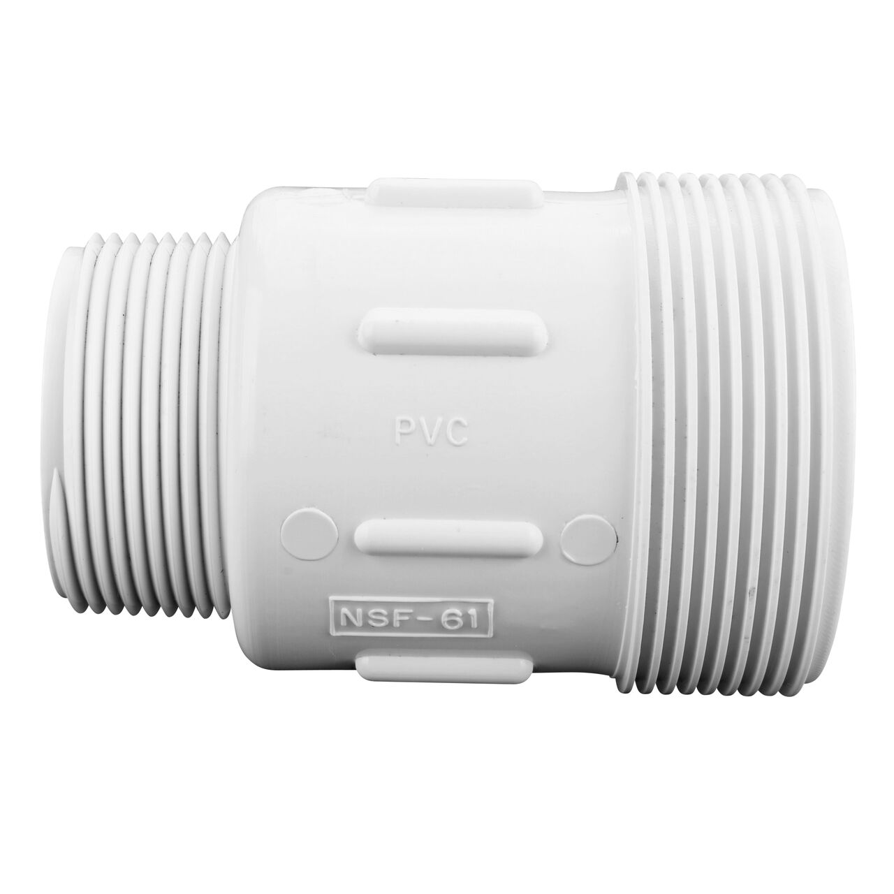 PVC Compression Adapter, 1-1/2 in. IPS UC X 1-1/2 in. IPS MPT with the adjustable nuts removed showing the body sleeve that connects with 3/4 IPS and MPT pipe to create a corrosion-free connection (NDS CPA-1500)