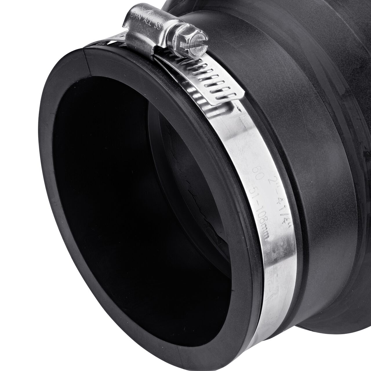 Closeup view of the small end on the NDS 4 in. X 3 in. flex coupling connects two cast iron/sewer and drain or DWV/copper/steel/lead pipes (NDS 56-43)
