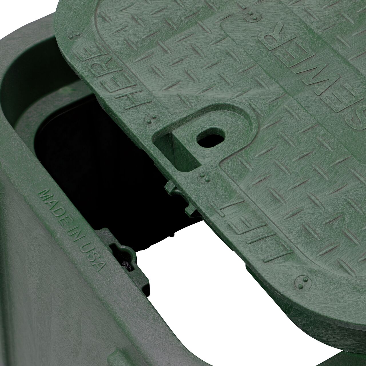 Align the bolt hole on the lid with the universal locking mechanism hole on the box from the NDS 14 in. X 19 in. Rectangular Pro-Spec® Series Green Box and Green Sewer Cover (NDS 314BCBS) for a secure fit