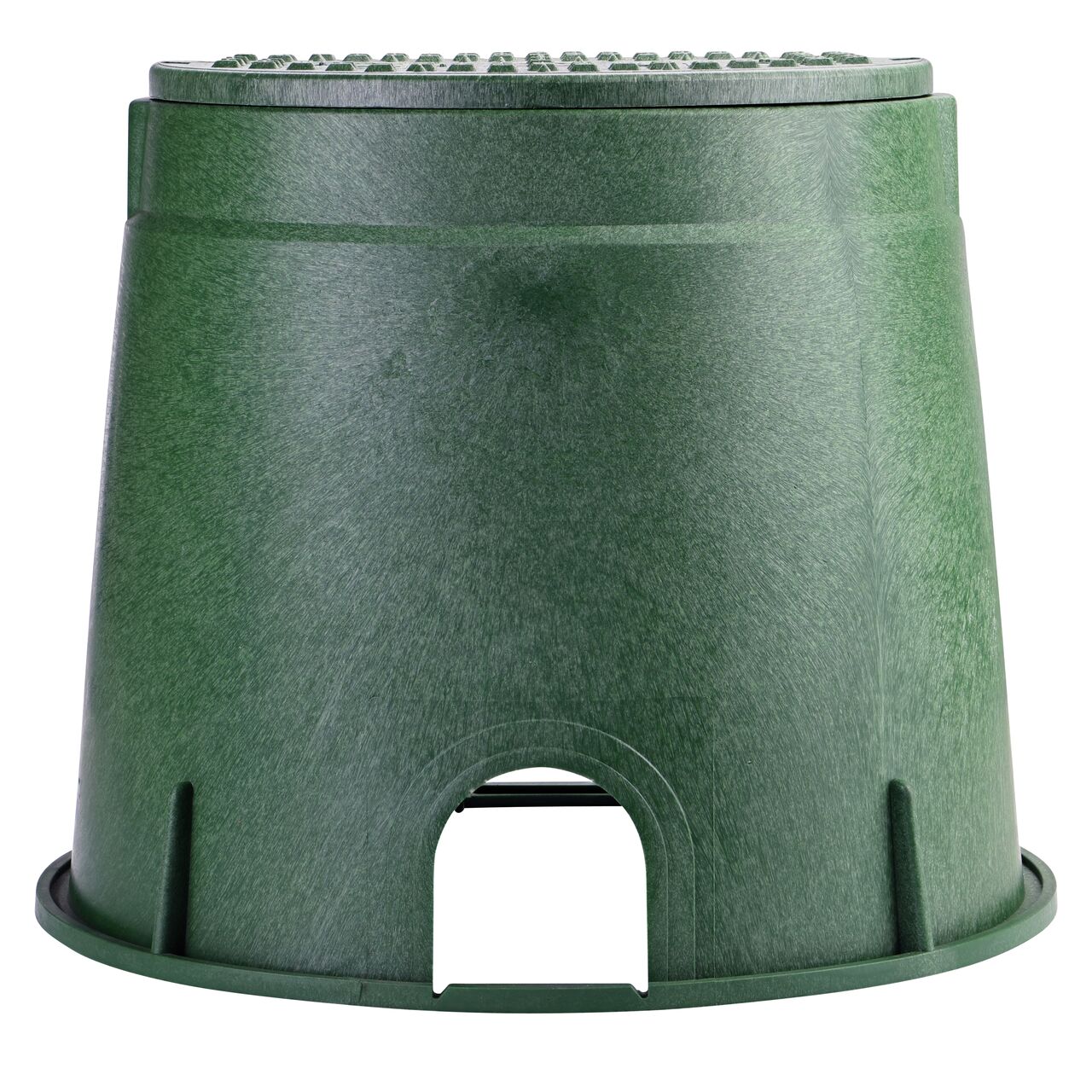 Side view of the shorter width side of the NDS 10 in. Round Standard Series Valve Box & Sewer Cover (NDS 112BCS) rugged enclosure that features a pipe hole for water and irrigation pipe connections