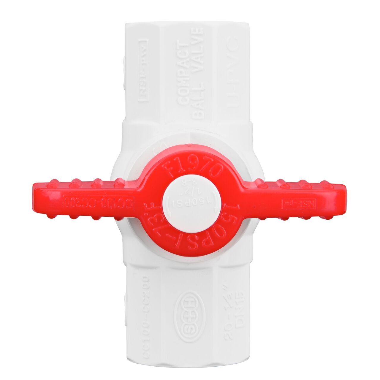 Closeup of the NDS IPS Ball Valve showing that the handle is made of durable PVC material perfect for irrigation or other pressurized system (NDS E1410-05)