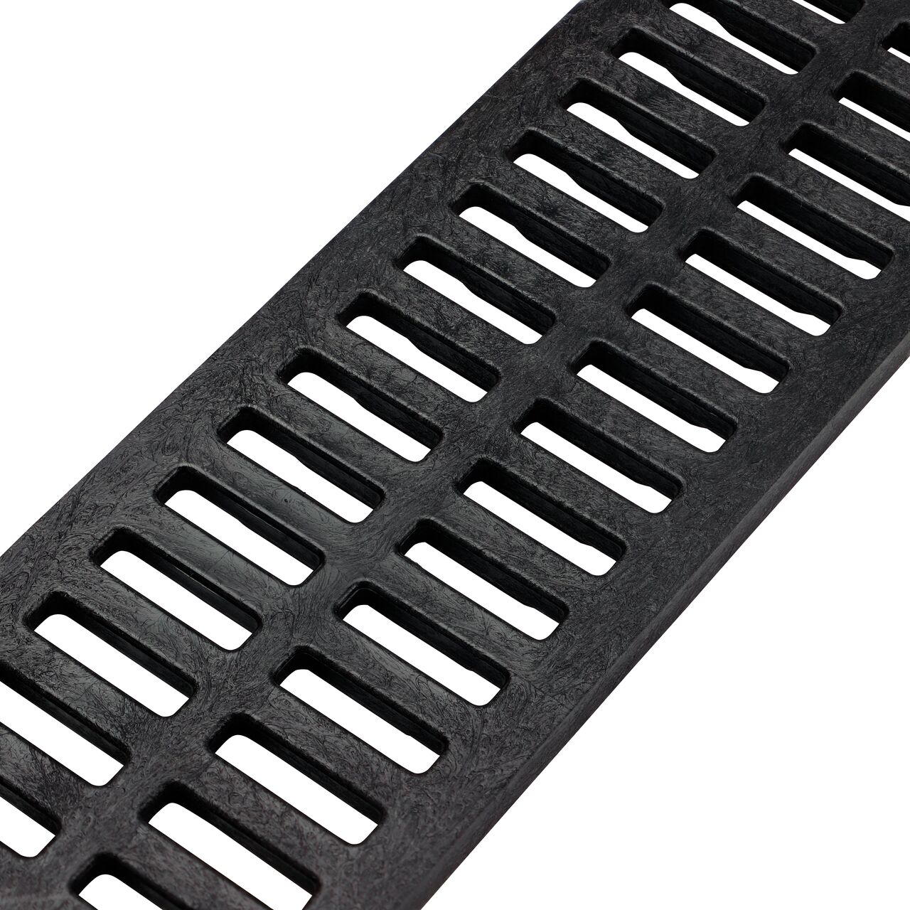 Closeup Angled View of the Black Plastic Mini Channel™ Drain Grate (NDS 543)