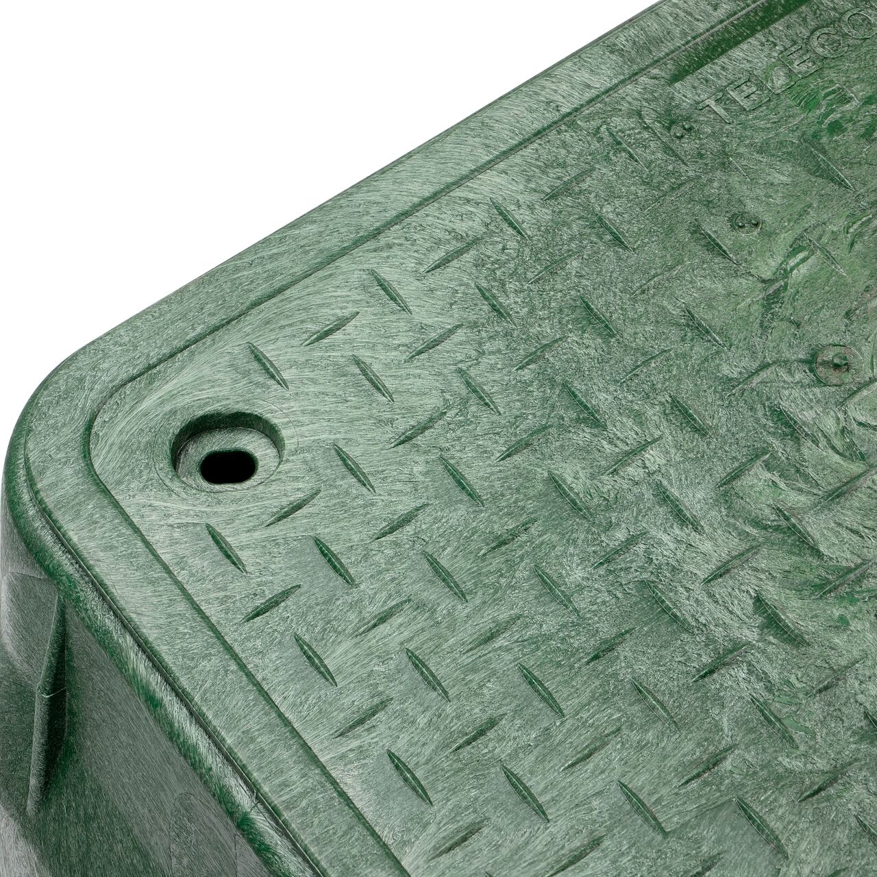 Closeup view of the Green box and Green cover fully assembled, showing locking tabs, bolt hole connection point and reinforced edges on the side of the NDS name of product (NDS 322BCBT)