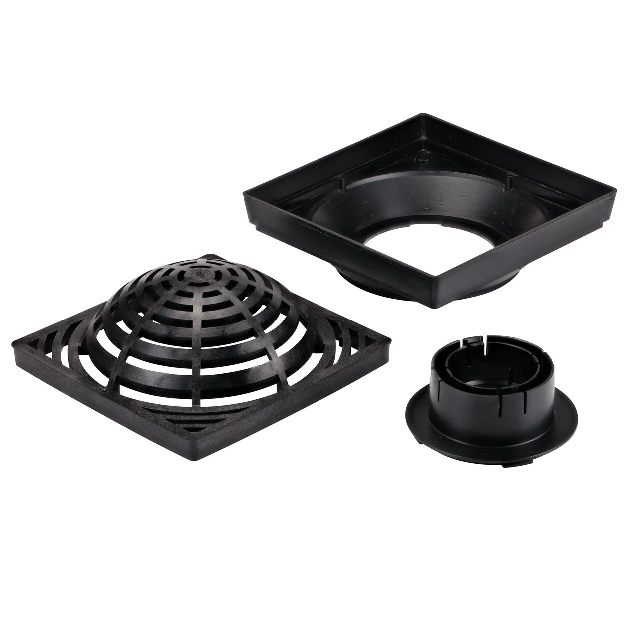 Unassembled view of the parts in the NDS 12. Low-Profile Adapter Kit with Black Atrium Grate (NDS 1230ATBLKIT)