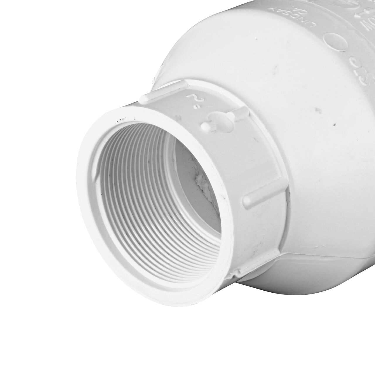 Closeup of the outlet end of the NDS White 2 in. slip end by slip end with Viton™ O-Ring PVC Swing Check Valve (NDS 1520V20) which prevents backflow in pipelines