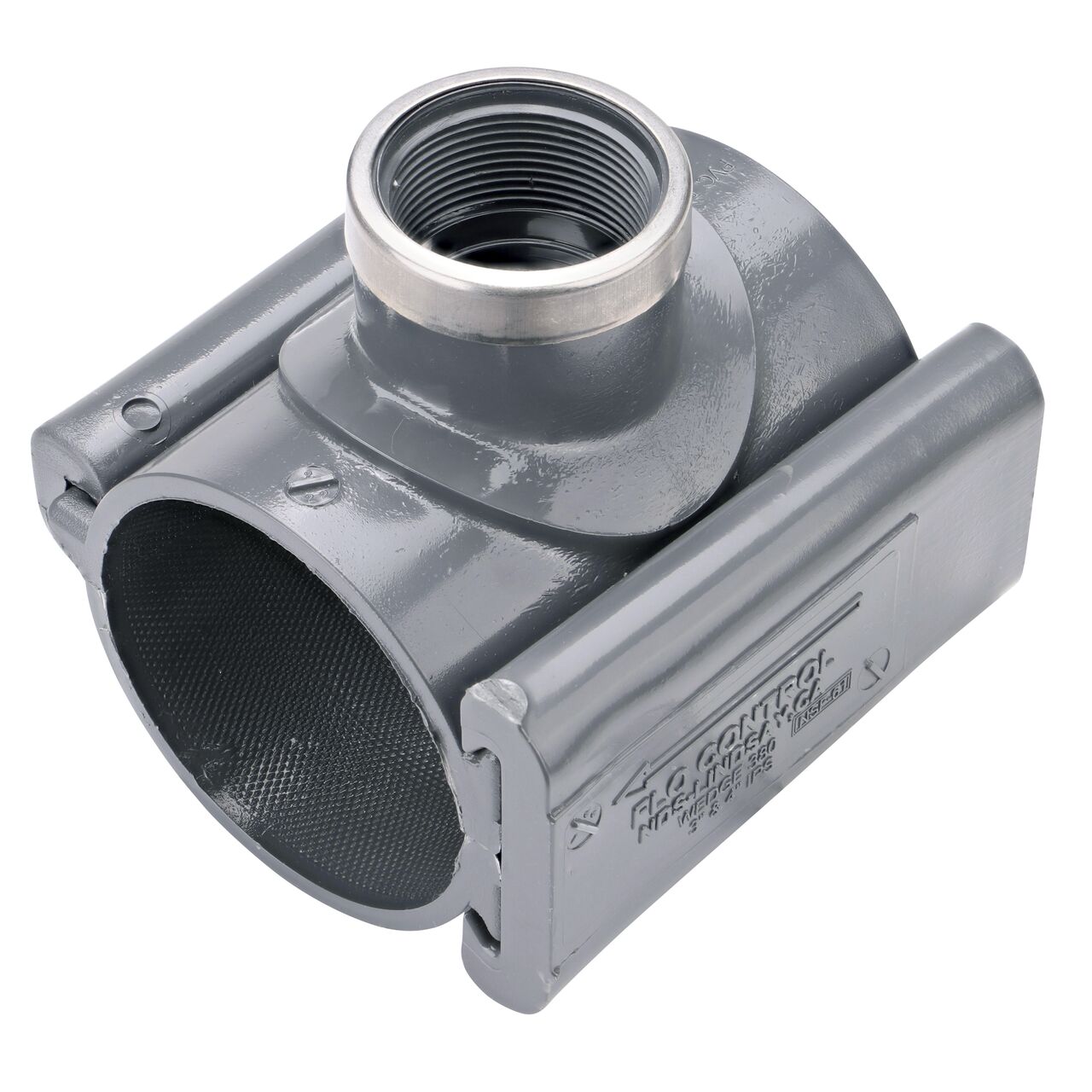 The 1-1/2 in. FPT outlet at the top of the NDS Clamp-It™ Rigid PVC Saddle (NDS 443015) for 3 in. PVC pipe adds a riser or sprinkler to an existing pipeline for agricultural or mining applications