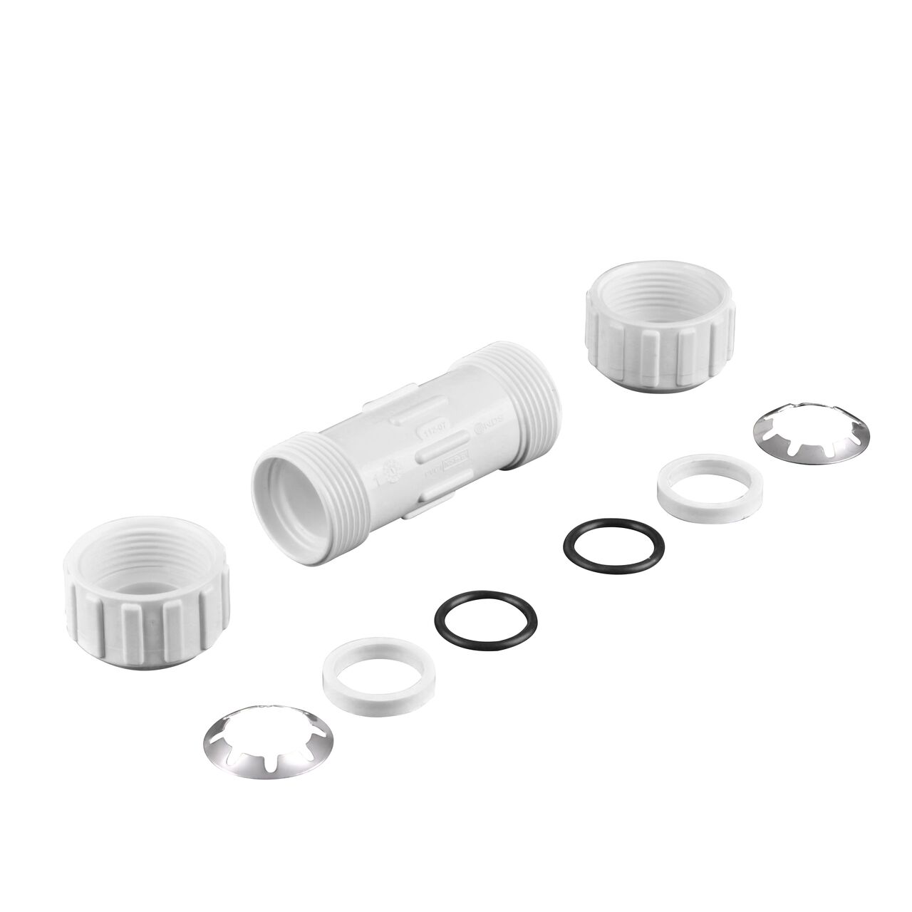 Fully unassembled NDS 3/4 in. Flo Lock PVC Gripper Coupling (NDS 112-07) showing the steel gripper and EPDM O-Ring (NDS 112-07)