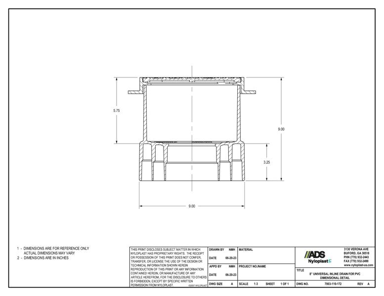 8" Universal Inline Drain for PVC Dimensional Detail