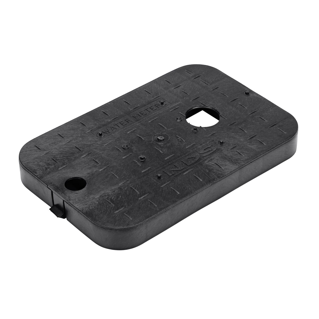 This NDS 14 in. X 19 in. Rectangular Meter Series Box Cover is a Black Drop-in AMR Cover with Water Meter markings on the lid (NDS D1200-DITRL) with a 2 in. Touch reader hole and fits NDS standard series 14 in. X 19 in. meter boxes