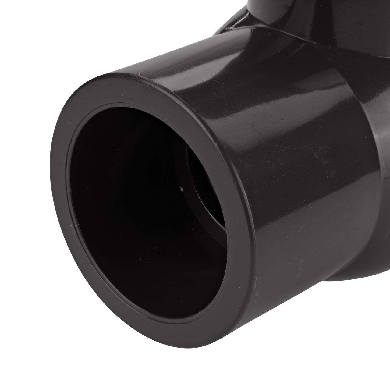 Closeup of the NDS IPS Ball Valve showing the stem that is made of durable PVC material (NDS E1610-10)