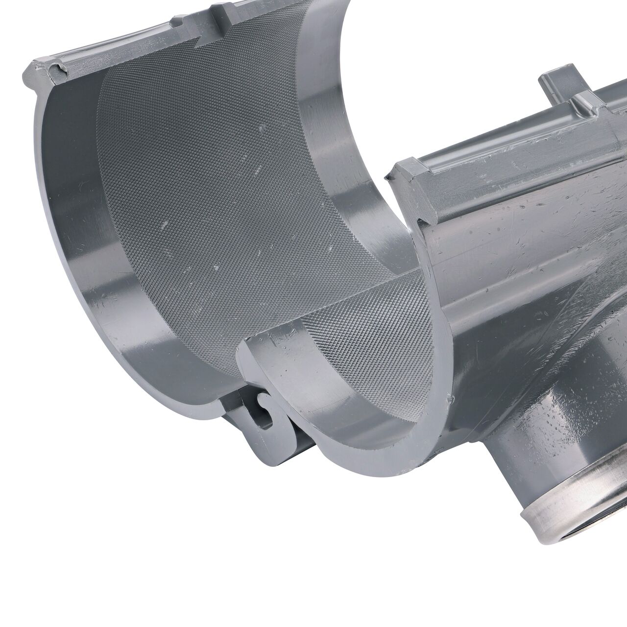 Closeup of the hinge open on the NDS Clamp-It™ Rigid PVC Saddle with 2 in. FPT connection on top (NDS 444020) for 4 in. PVC pipe