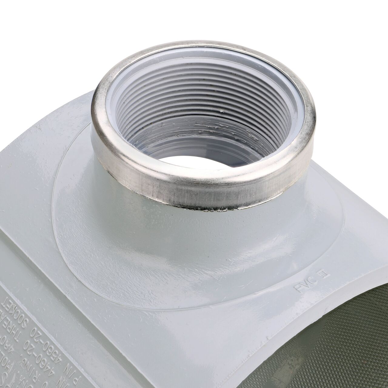 Closeup of the 2 in. FPT connection on the NDS Clamp-It™ Rigid PVC Saddle (NDS 446020) for 6 in. PVC pipe