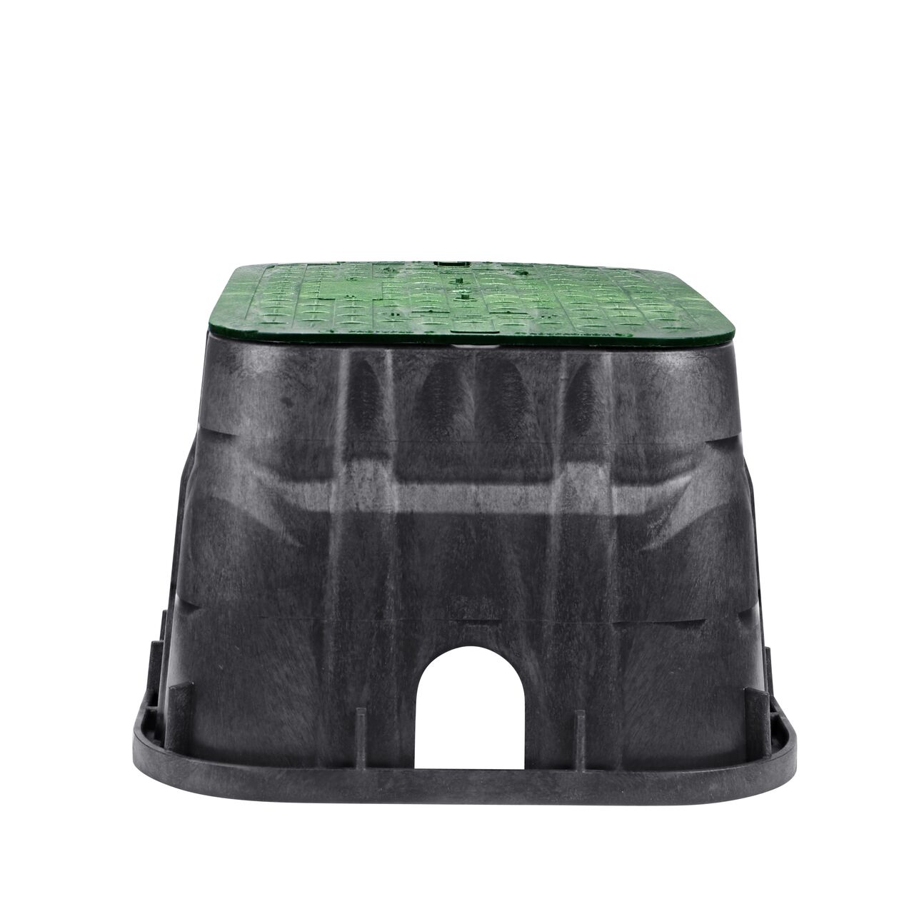 Side view of the shorter width side of the NDS 14 in. x 19 in. Pro-Spec® Series Jumbo Valve Box and Cover & Electrical Cover (NDS 317BCB) rugged enclosure that features a pipe hole for water and irrigation pipe connections