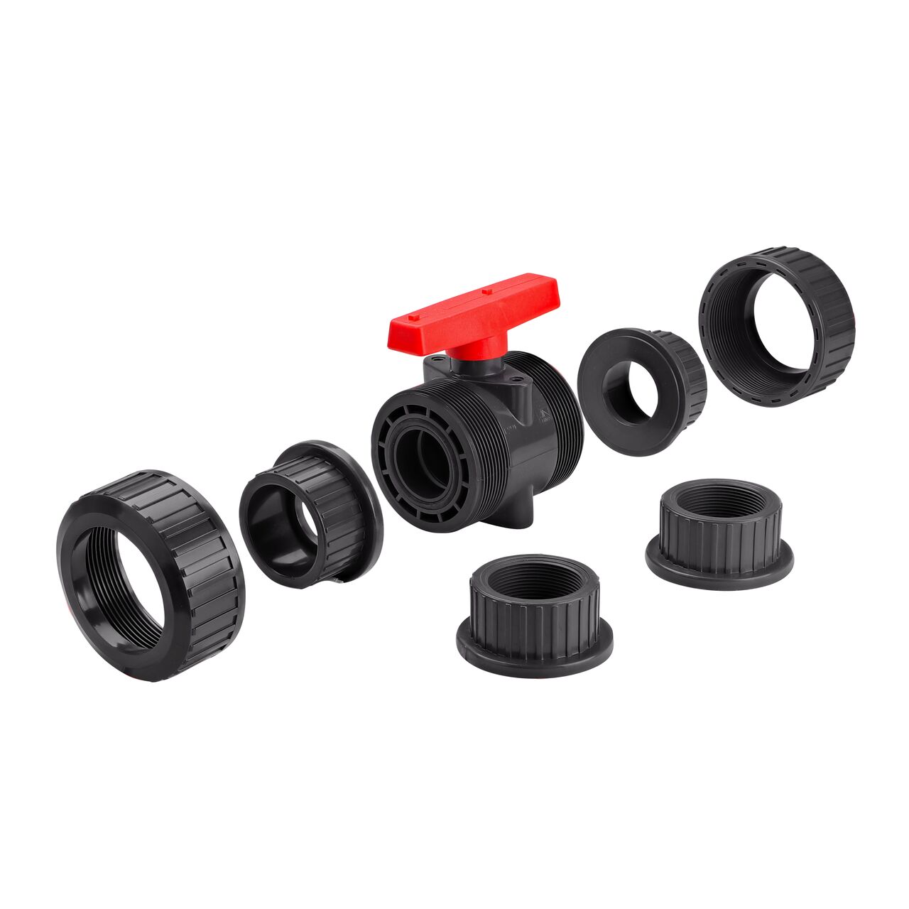 PVC True Union Ball Valve unassembled showing slip and threaded ends that connects two 2 in. Sch. 80 pipes