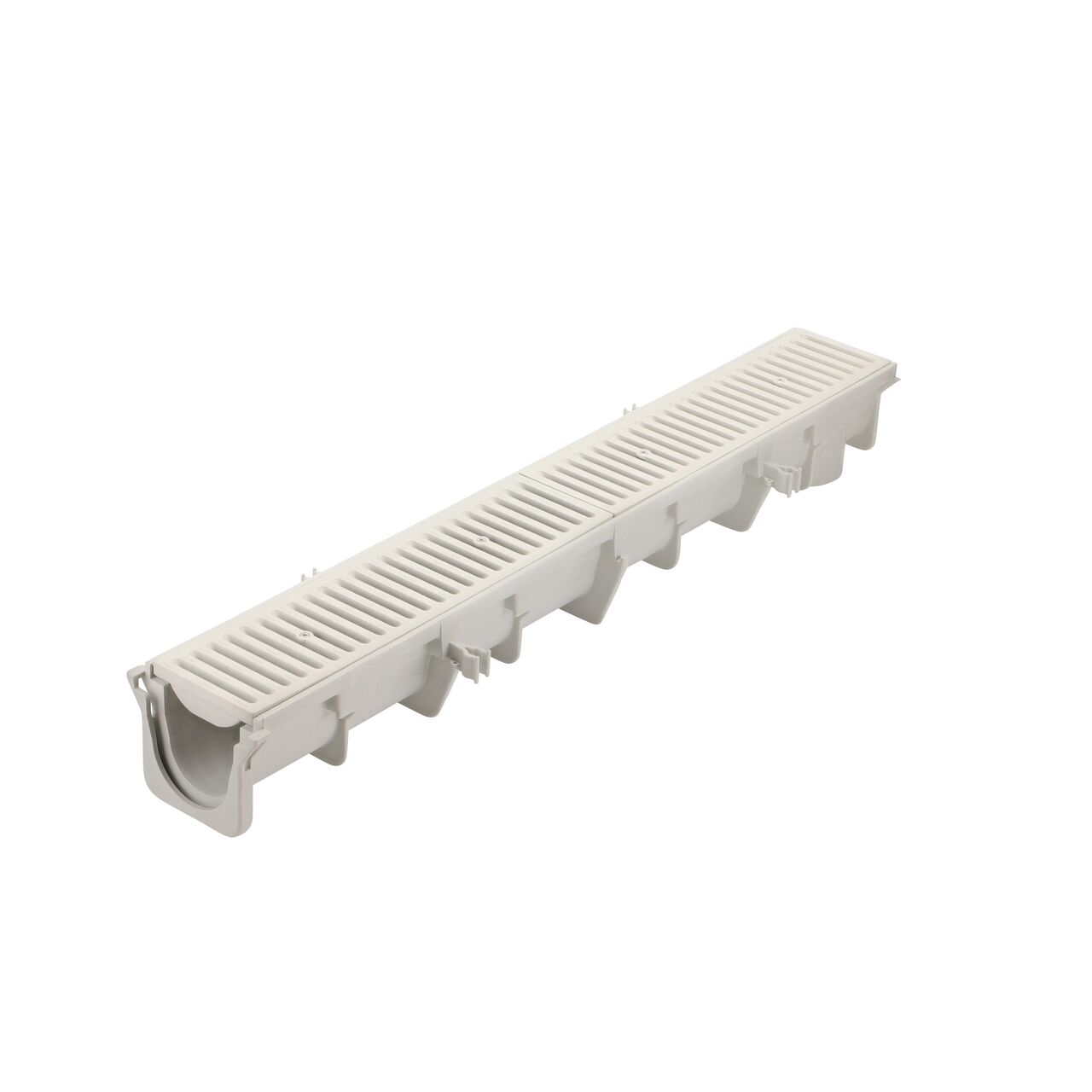 The NDS 4.34 in. Deep Dura Slope Channel Drain (NDS DS-103N) with two Standard Dura Slope Light Gray Grates installed (NDS 661LG)