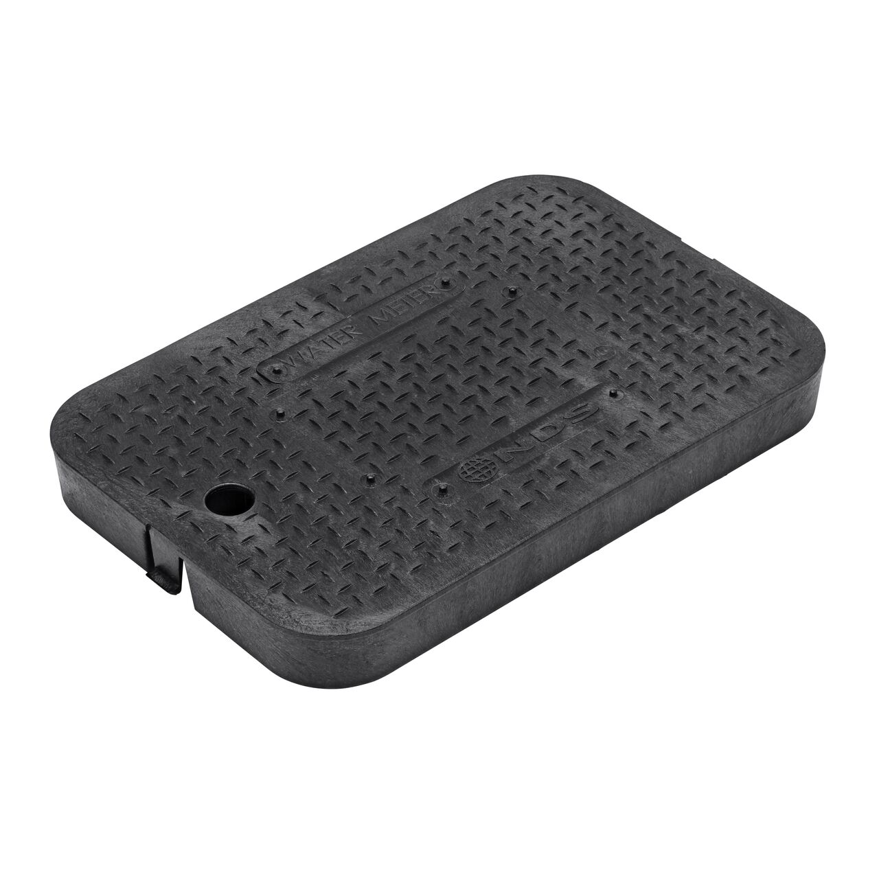 This NDS 14 in. X 19 in. Rectangular Standard Series Meter Box Cover is a Black Drop-in Cover with Water Meter markings on the lid (NDS D1200-DISBL) and fits NDS standard series 14 in. X 19 in. meter boxes