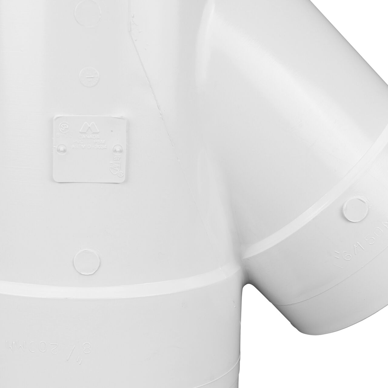 Closeup of the markings on the NDS PVC 45 degree wye for 8 in. and 6 in. Sewer and Drain pipes, with 8 in. Hub X Hub X 6 in. Hub connection (NDS 86P08)