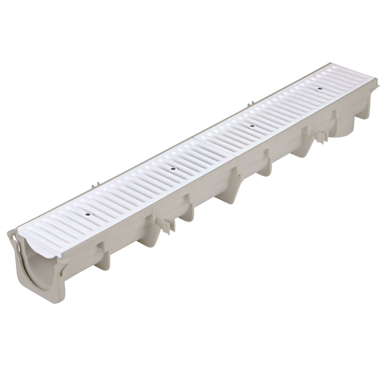 Two white plastic Dura Slope™ Channel Drain Grates (NDS 660) fit on one Dura Slope Channel Drain (NDS DS-091)