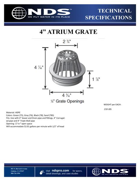 NDS 4 in. Atrium Drainage Grates for Pipes & Fillings Tech Spec