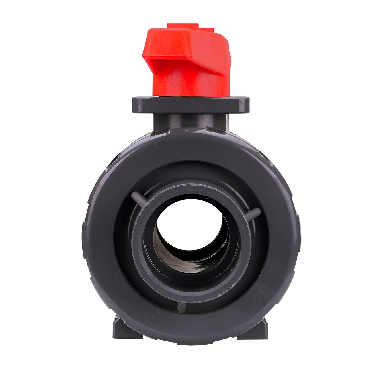 The The 2-1/2 in. PVC Slip True Union Ball Valve (NDS BTU-2500-SE) shown with the connection end attached with the handle in the half-way closed position to show how ball valve provides a shut off point in the system