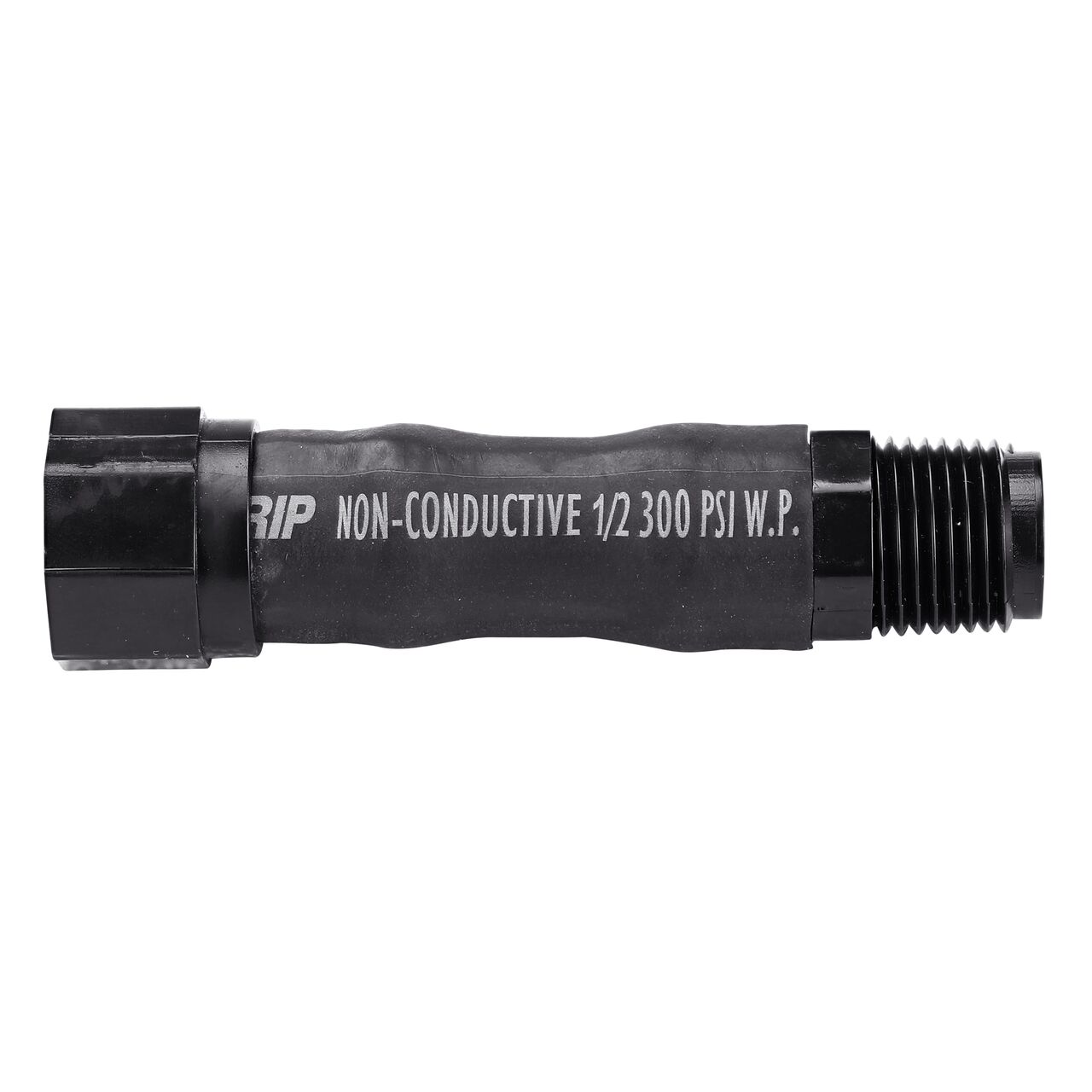 The NDS Flexible Riser from the side highlighting its 1/2 in. IPS MPT X FPT in size and made of non conductive material (NDS FR-0500-4F)