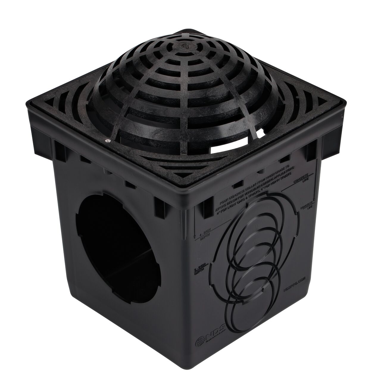 Black Plastic 12 in. Square Atrium Catch Basin Drain Grate (NDS 1290) installed on a black plastic 12 in. Catch Basin Drain with 2 Openings (NDS 1200)