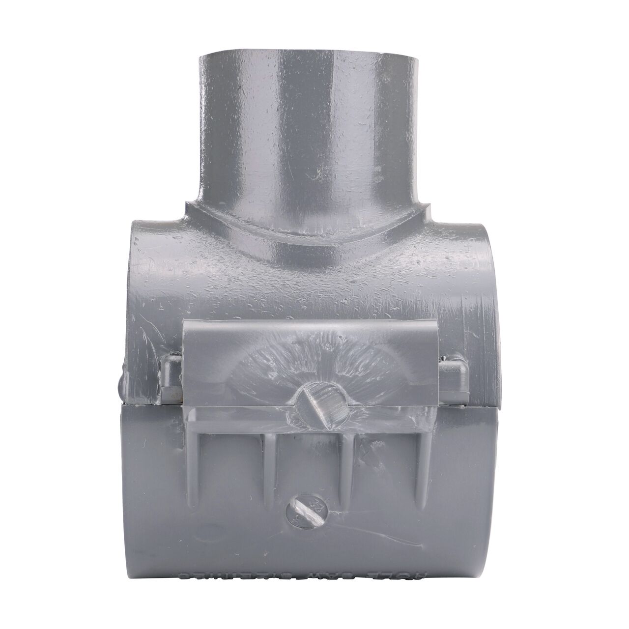 Side view showing the hinged side of the NDS Clamp-It™ Rigid PVC Saddle for 2 in. PE pipe with 1 in. slip on top (NDS 332010P)