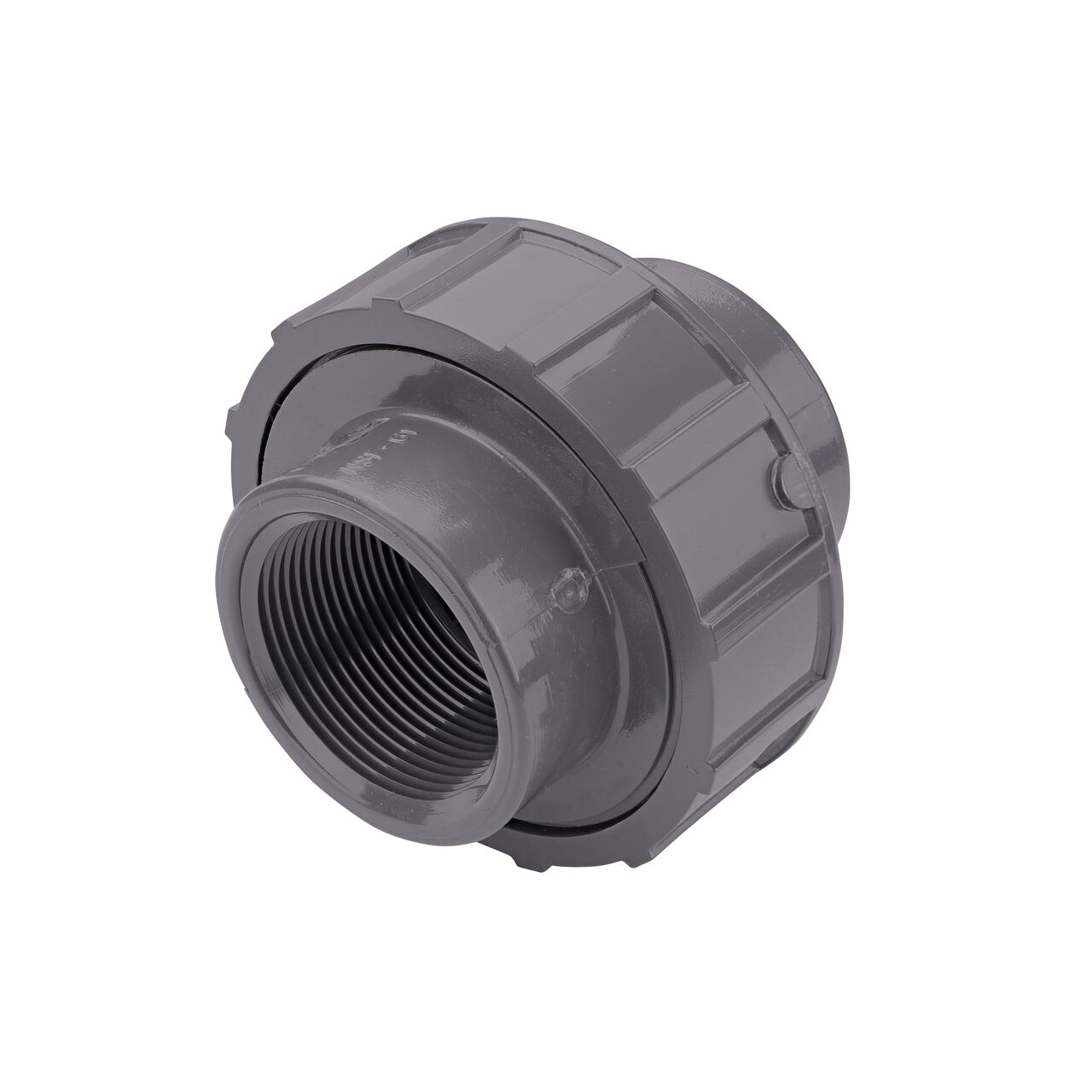 The NDS 1-1/2 in. PVC FPT Union connects two 1-1/2 in. schedule 80 pipes with MPT ends to create a leak-resistant connection without the need for traditional glued sealant (NDS U-1500-T)