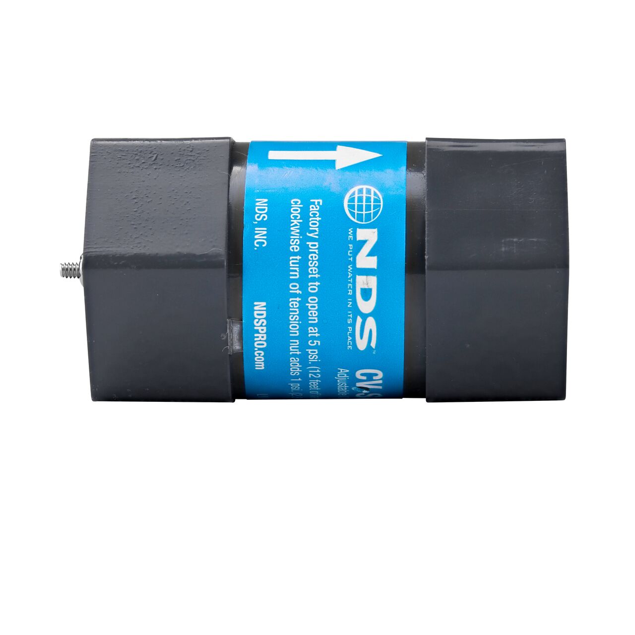 Side view of the NDS Gray 1 in. IPS FPT X FPT PVC Adjustable Inline Spring Check Valve (NDS CV-1000-FF)