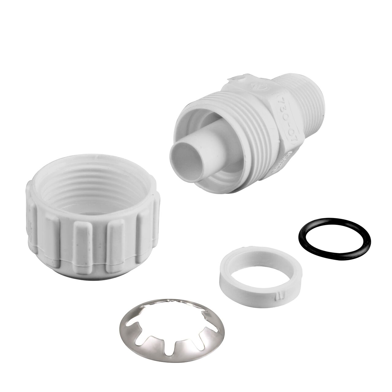The NDS 3/4 in. SDR-9 X 3/4 in. MPT Flo-Lock™ Gripper Adapter fully unassembled showing the steel gripper, EPDM O-Ring, and stiffner (NDS 730-07)