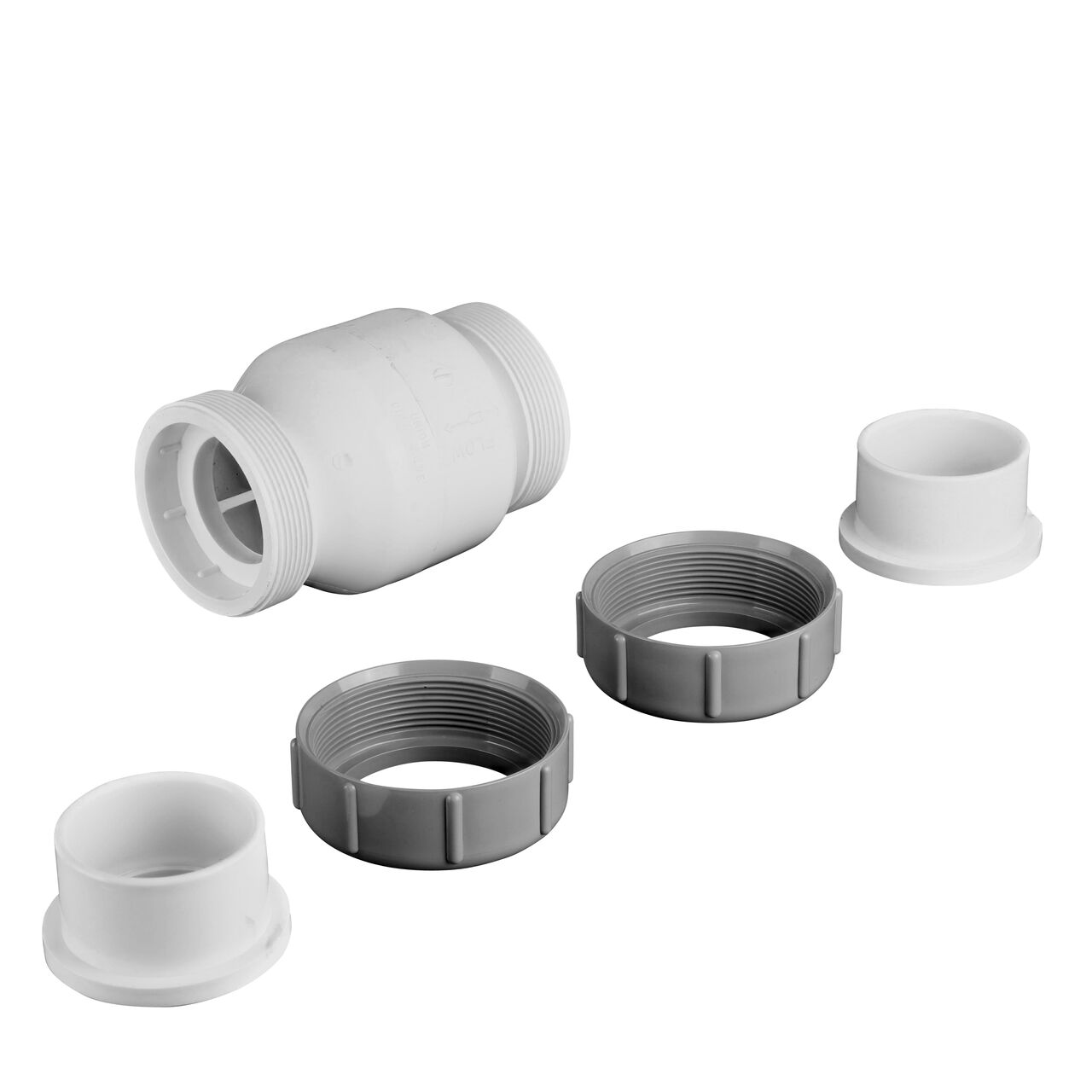 Unassembled view of the NDS White 2 in. IPS True Union Swing Check Valves where ends unscrew to remove for maintenance (NDS  1700-20)
