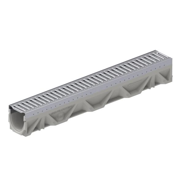 The BG-FILCOTEN® by NDS® tec V or E 100 Trench Channel Drain with a one 1 miter metal grate with slotted design installed (NDS 10410200, NDS 17010206)