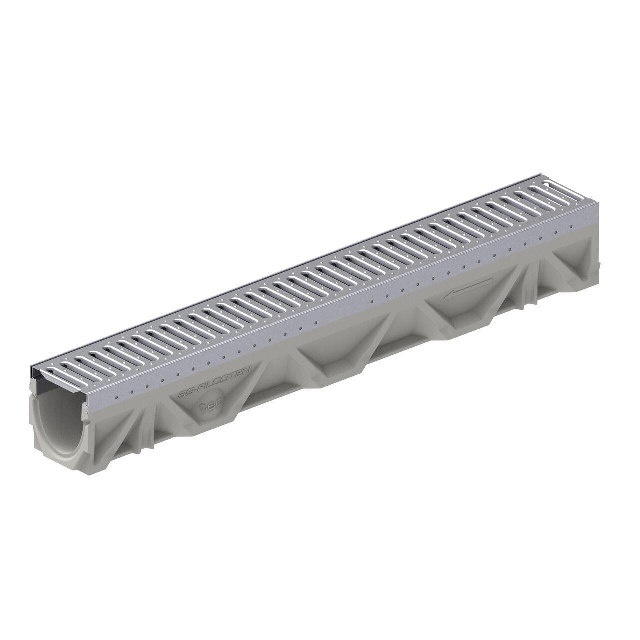 The BG-FILCOTEN® by NDS® tec V or E 100 Trench Channel Drain with a one 1 miter metal grate with slotted design installed (NDS 10410200, NDS 17010206)